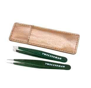 Enchanted Garden  Mini Slant and Point Tweezers in dark green with gold speckle finish and gold color carrying case
