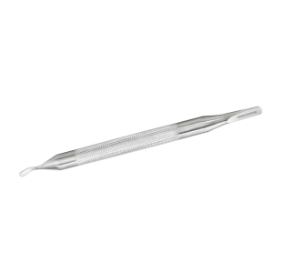 Stainlesss steel mens nail pushy and cleaner, one end has a flat edge for pushing cuticle the other end has a curved edge for cleaning nails 
middle of tool has textured body