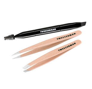 Light Pink Tweezers with Stainless Steel Tips and a Black Brow Brush