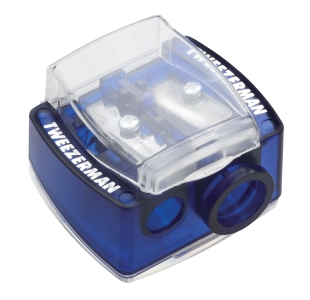 Blue colored dual sized pencil sharpener with clear lift snap on top