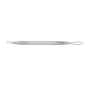 Dual ended stainless steel skincare tool with textured body grip. One end has long flat loop. One end has smaller angled loop