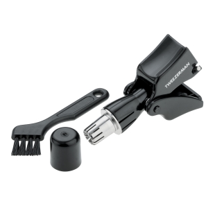 Nose hair trimmer with stainless steel fully enclosed blades and black color finish body. Black color brush included