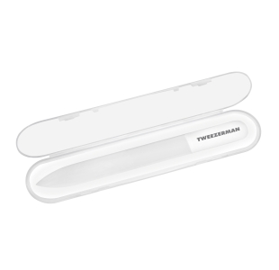 Glass nail file, one end is pointed and one end is rounded with Tweezerman logo in plastic case