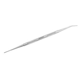 Dual ended ingrown toenail file, full body stainless steel with textured middle grip. One end has flat file and one end has curved filed