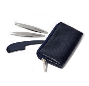 Image of Brow Grooming Kit that includes mini stainless steel Slant Tweezer, Point Tweezer and black precision folding razor with black faux-leather storage case.