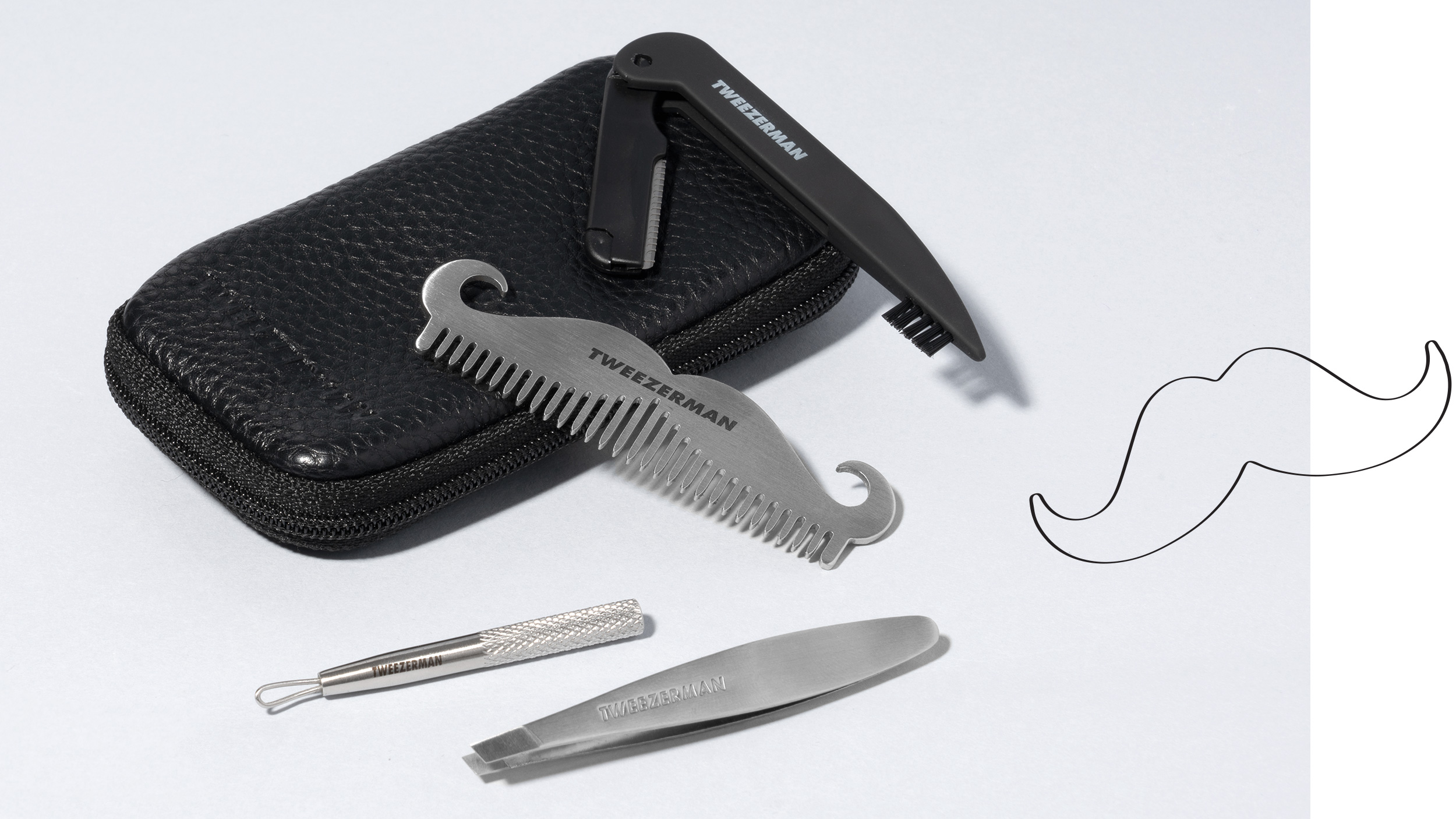 Moustache Comb, Mini Skincare tool, Stainless steel tweezer, black case and black brow razor