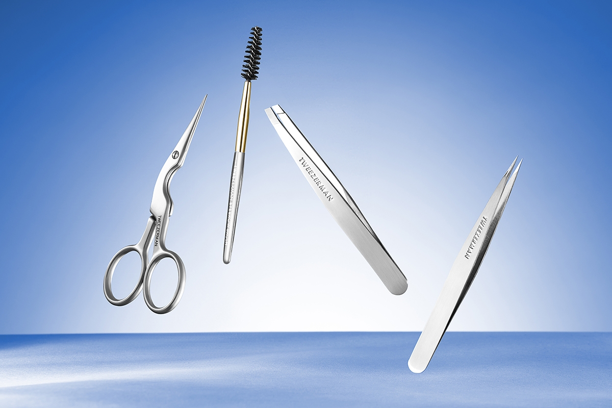 stainless steel brow scissors, stainless steel slant tweezer,  stainless steel point tweezer