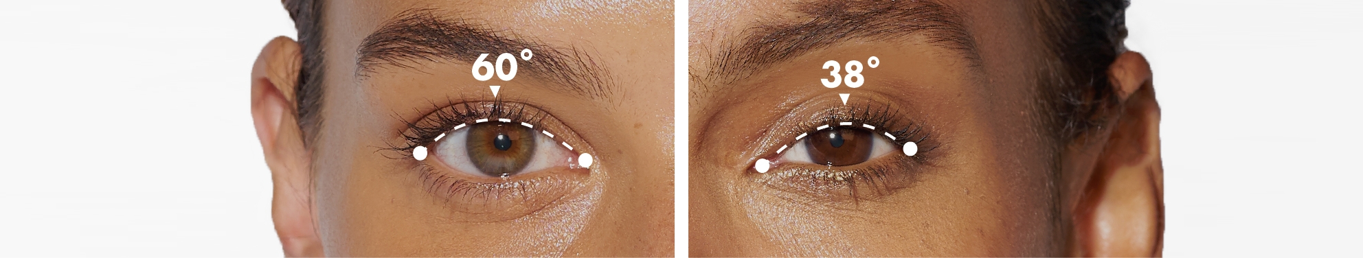 left model shows curl 60 for round shaped eyes, right model shows curl 38 for almond shaped eyes