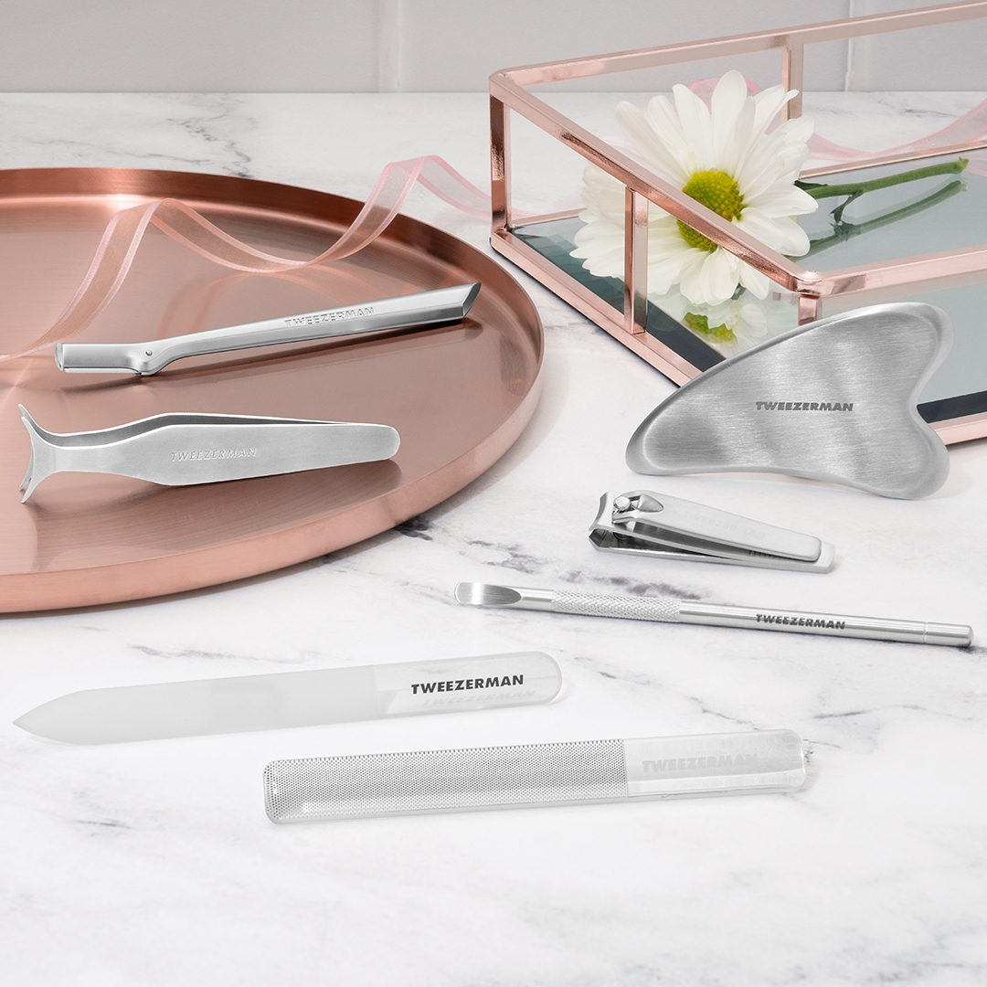 GIFTS $30 AND UNDER. STAINLESS STEEL BROW RAZOR, WIDE LASH APPLICATOR, GUA SHA, COMBO SLIPPER, NAIL CUTICLE PUSHY, GLASS MANICURE KIT WITH FILE AND BUFFER.