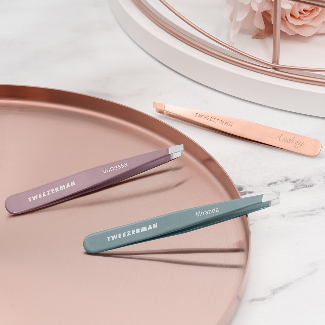 PERSONALIZED FOR HER. WISTERIA SLANT TWEEZER, MIST BLUE SLANT TWEEZER, ROSE GOLD SLANT TWEEZER.